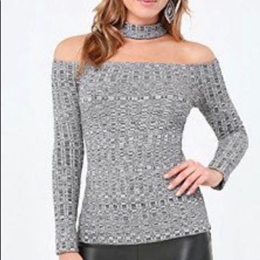 Bebe Collar Neck Rib Top Contemporary Feminine Casual Event Party Choker Neck